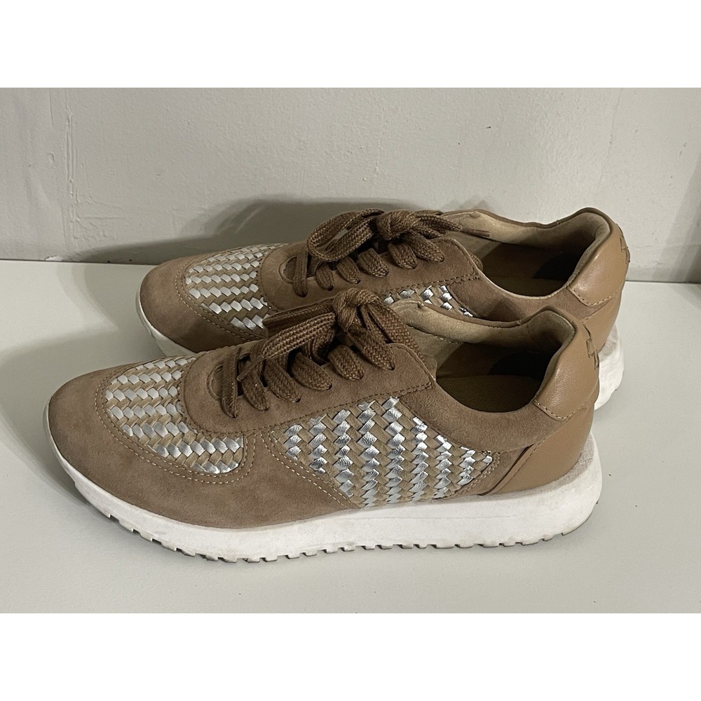 Lucky Brand Deva Women's 9 Tan Metallic Silver Woven Leather Sneaker